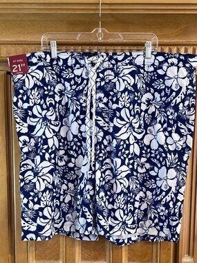 Men’s Swim Trunks Mesh Lining Pockets Drawstring Closure Blue/White XXL
